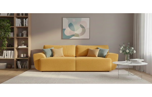 Sofa Cosy żółta na sprężynach z funkcją spania i pojemnikiem